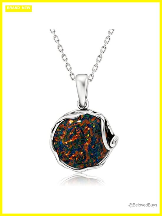 Jewelry - 925 Sterling Silver Simulated Black Opal Pendant Necklace 20in Women